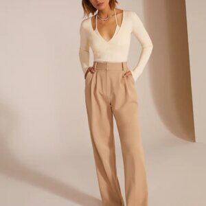 Favorite Daughter Cream Knit Deep V Bodysuit with Tan Wide-Leg Trousers